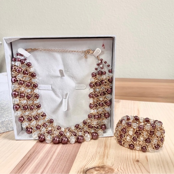 Vintage SkyLine Jewelry, Plum & Gold Tone Beaded Stretchy Necklace & Bracelet - Picture 1 of 7